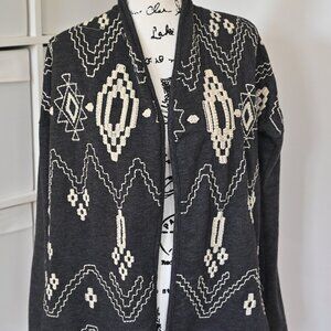 Lucky Brand Lucky Lotus Gray Knit Cardigan Sweater Tribal Embroidery SMALL